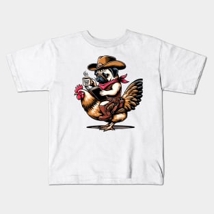 Pug Riding A Chicken With A Book And A Coffee Kids T-Shirt